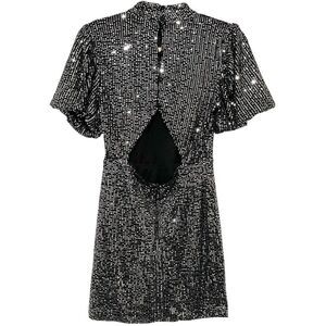 Milk & Honey Black & Silver Sequins Mini Dress Puff Short Sleeve Back Keyhole S